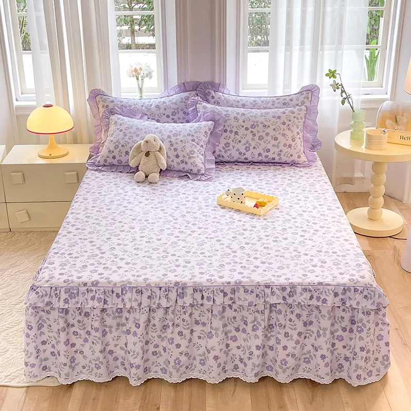 

Purple Floral Bed Skirt Set Lace Bedspread Home Textile Flowers Bed Skirt Bedroom Coverlets Bedspreads Sheets Dust Cover Bedding