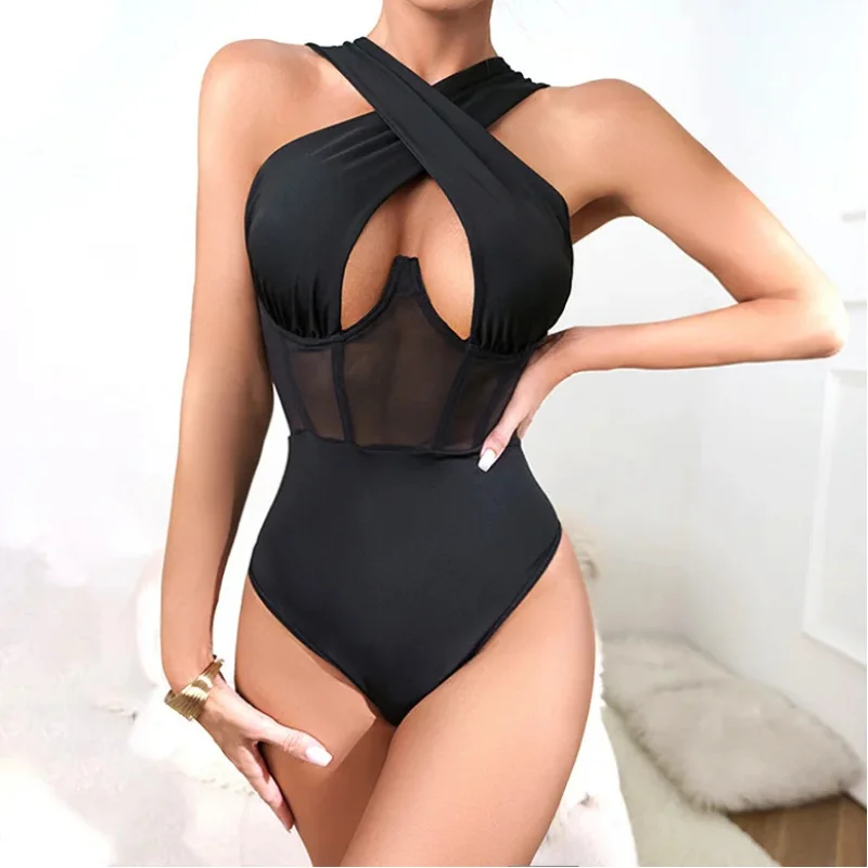 

Black Color Body Shaping Mesh Perspective Spicy Girl Jumpsuit with Steel Ring Neck Hanging and Hollow Out Design Shapewear Women