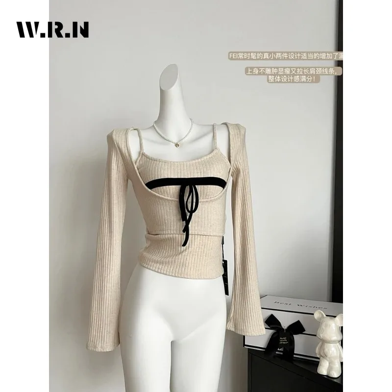 Women Korean Fashion Coquette Two Piece Sets Cropped Sweater Pullovers Top Jumper Design Gyaru Knitwears 2000s Tide Fall Winter