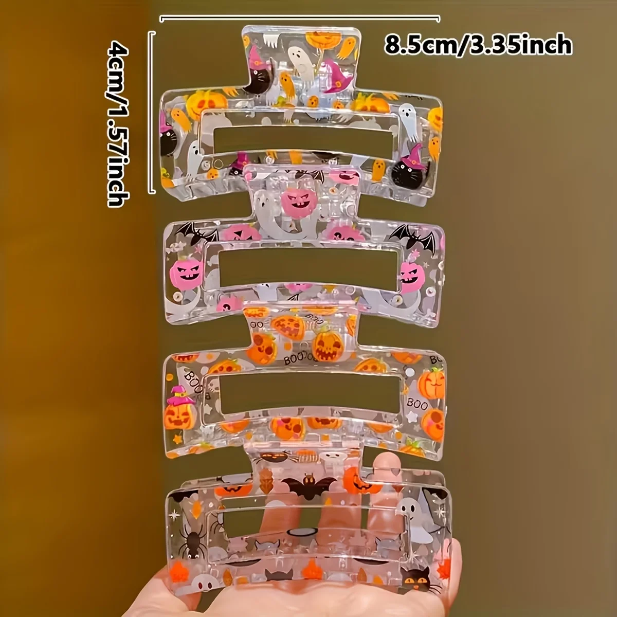 4pcs New Printed Square Transparent Claw Clips, Halloween Pumpkin Pattern Hair Clips for Women, Back-of-Head Updo Shark Clips
