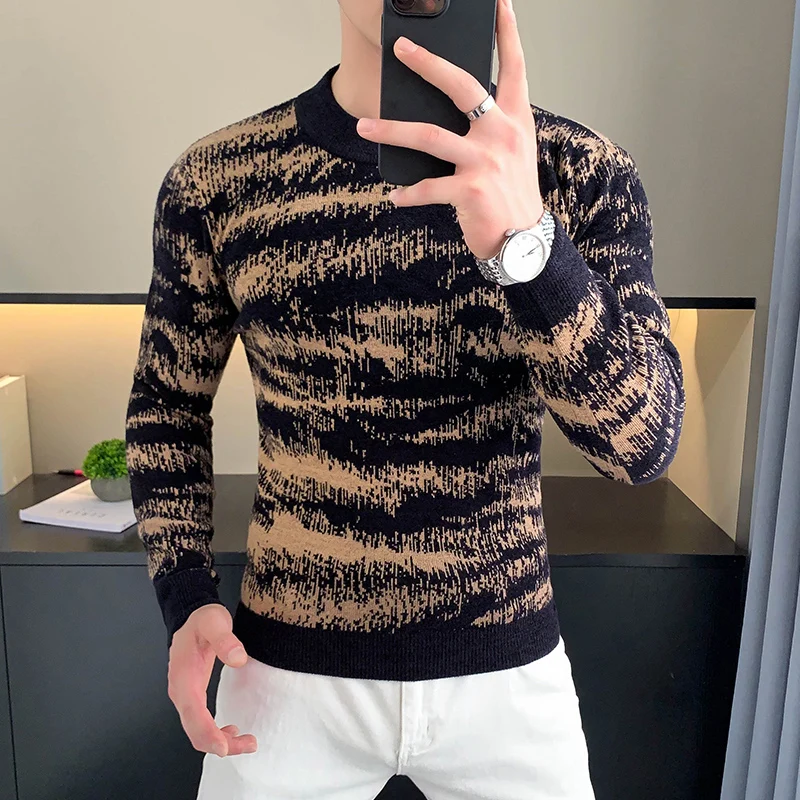 

Autumn Winter Velvet Knitted Sweater Men Long Sleeve Casual Business Sweaters Comfortable Warm Versatile Social Pullover Tops