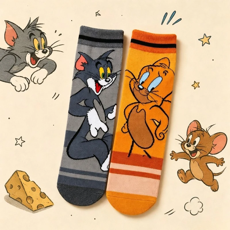 Calcetines de Dibujos Animados de Tom y Jerry, Calcetines Lindos con Estampado de Tom el Gato y Jerry el Ratón, Calcetines Casuales de Moda de Algodón, Regalos