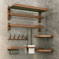 Walnut Wood Black Bathroom Hardware Set Bathroom Towel Rack Non Perforated Wall Mounted Storage Rack Bathroom Accessories