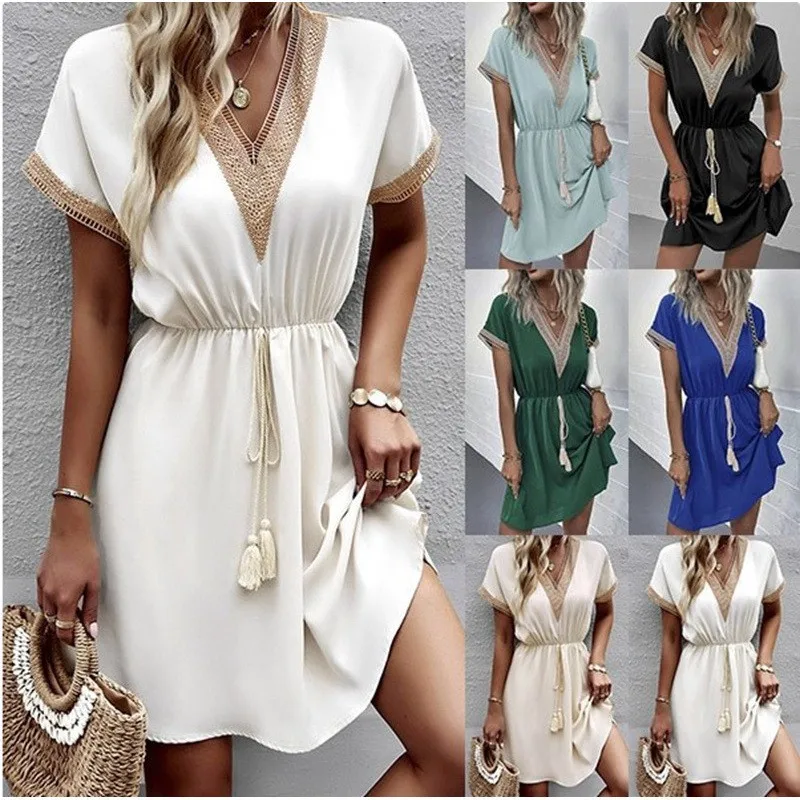 

Lace V-neck Waist Dress With Lace-up 2026 Spring And Summer Fashion Casual Loose Solid Color Short-sleeved Splicing Mini Dress