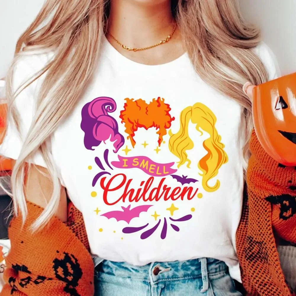 Watercolor Print I Smell Children A Bunch Of Hocus Pocus Pattern Women's Trendy Style Short Sleeved O-Neck Versatile Basic T-Shi