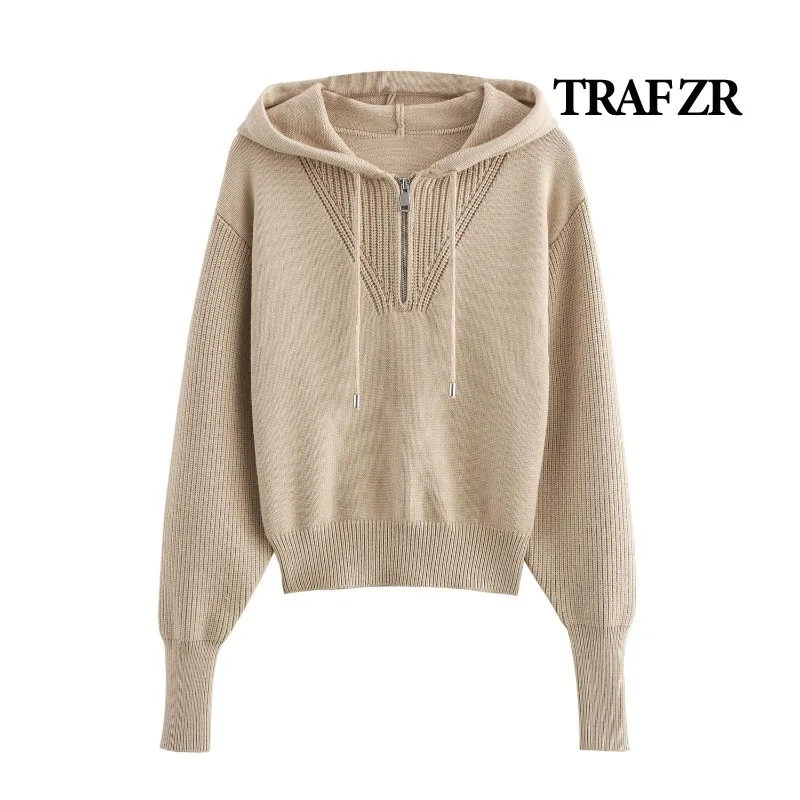 TRAF ZR Knit Hoodies Harajuku Autumn Pullover Women Outerwear Sweatshirts T-shirt Long Sleeve Hoodies Solid Women's Sweatshirts