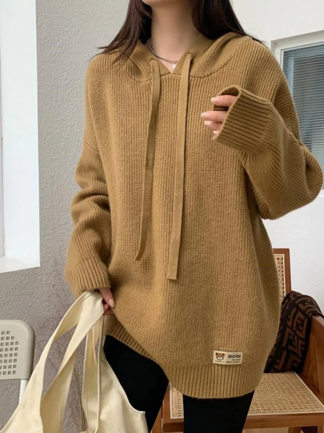 Lazy Style Long Sleeve Knitted Sweater Extra Large Size Casual Mid-Length Hoodie Belly Covering Overhead Sweatshirt for Women