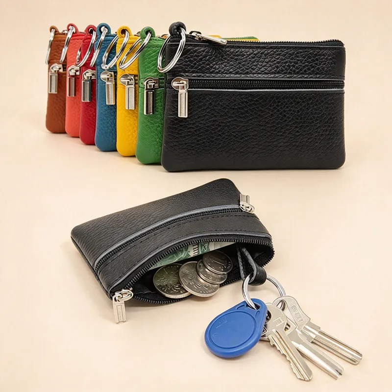 Top Grain Cowhide Coin Purse Dual Zipper Key Pouch with Key Ring Multi Colors PU Leather Small Card Wallet for Men Women