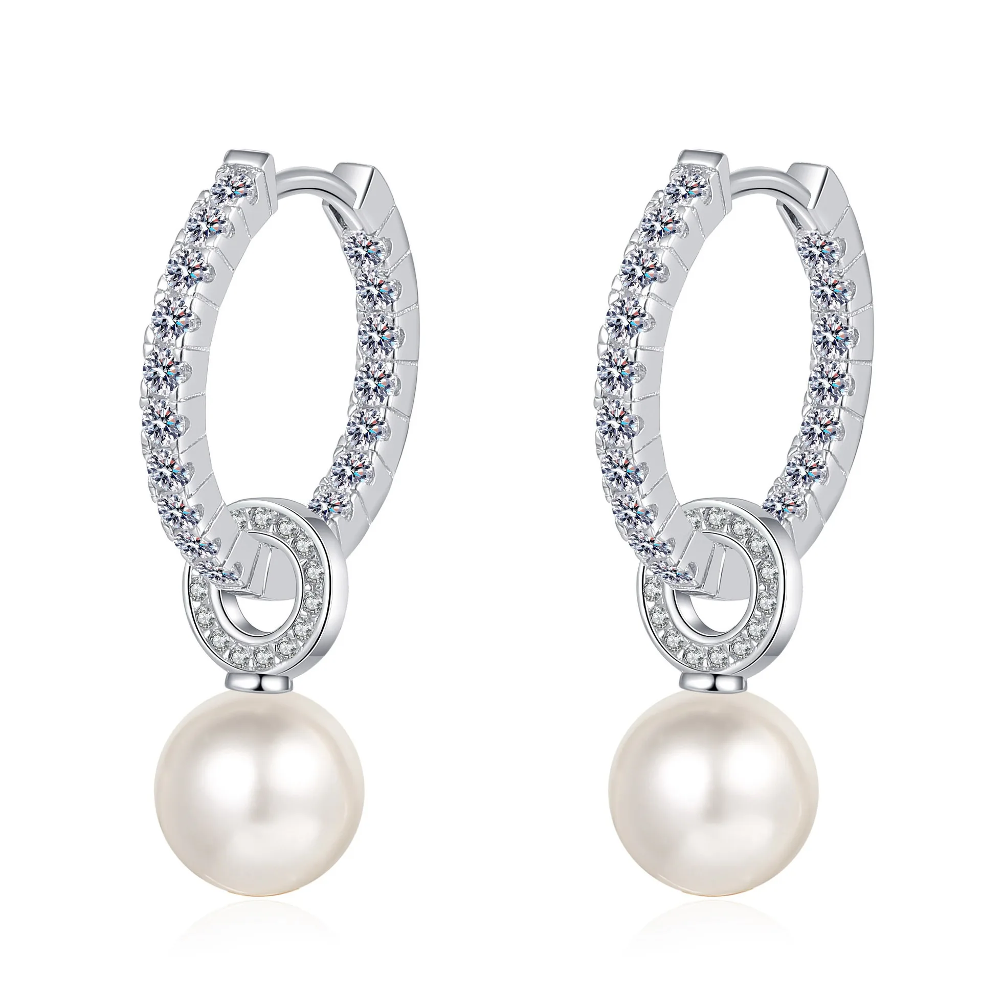 

Moissanite 8mm Freshwater Pearl Hoop Earrings Women 925 Sterling Silver Lab Diamond Huggie Earrings Platinum Plated Gift