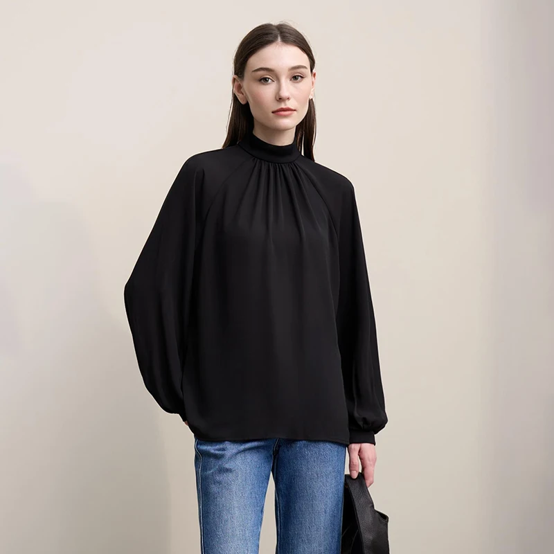 Amii Damen-Bluse, 2026, frühjahrsneu, elegant, für Pendler, halber Rollkragen, Chiffon-Hemd, Damen-Raglanärmel, solides, lockeres Oberteil 12641072