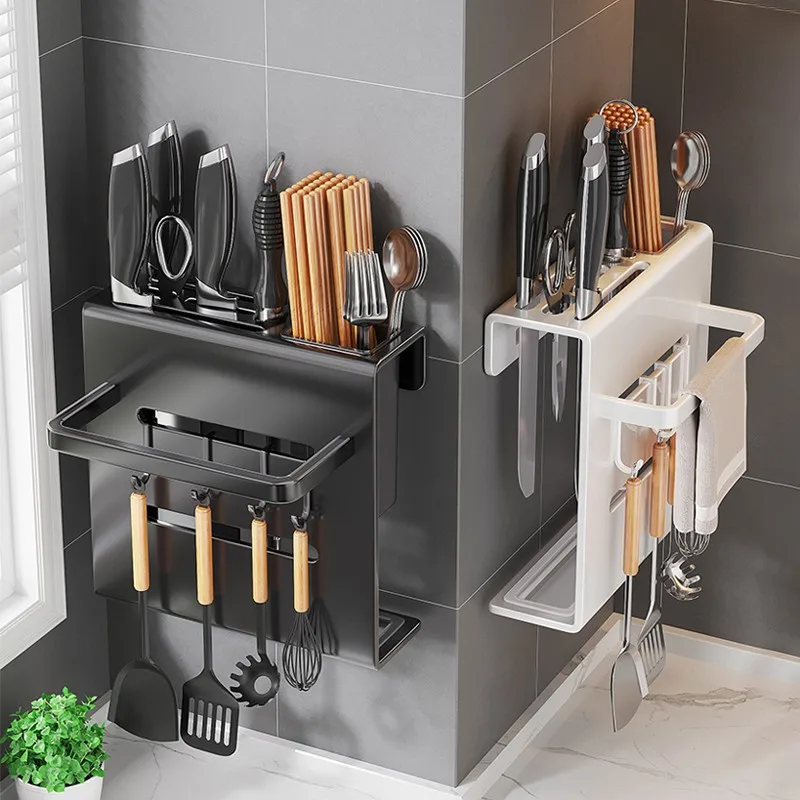 

Kitchen Storage Rack Accessories Shelf Knife Rest Chopstick Protection Against Rust Shelves Black Wall Hanging Easy Clean