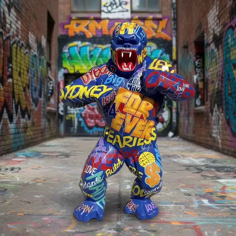 Modern Graffiti Gorilla Statue Resin Art Sculpture Handmade Model Lifelike Custom Size for Outdoor Garden Street Gallery Home