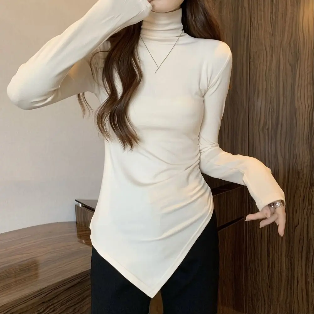 เสื้อยืดแขนยาวทรงไม่สมมาตร คอสูงครึ่งตัว เรียบง่าย ทรงเข้ารูป บางเบา สไตล์เก๋ เสื้อครอปท็อปสำหรับผู้หญิง แฟชั่น Y2k ฤดูใบไม้ผลิ