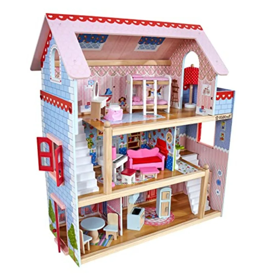 

Doll Cottage Wooden Dollhouse with 16 Accessories Working Shutters for 5-Inch Dolls Brown Interactive Design w