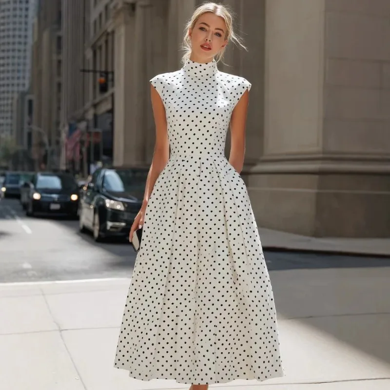 2026 Retro Polka Dot Sleeveless Dress Women Waist Slim Elegant Casual Summer Vacation New