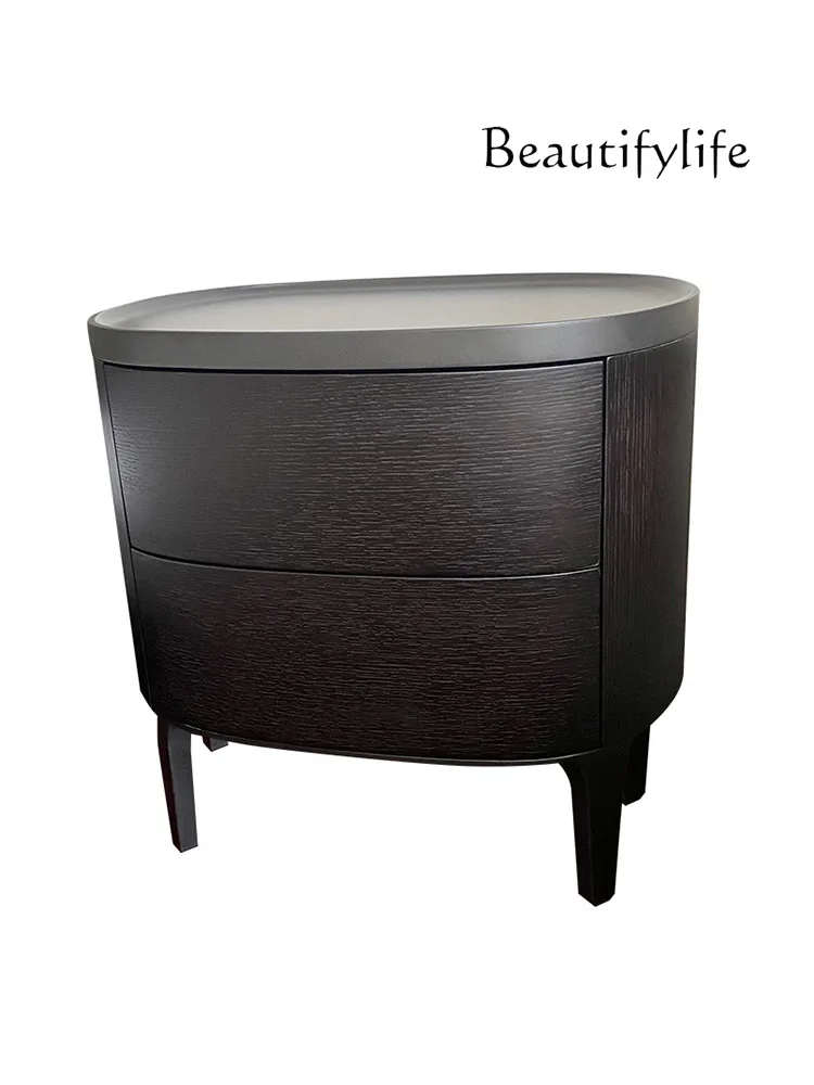 

Italian Minimalist Smoked Oval Solid Wood Bedside Cabinet Bedroom Villa Bedside Cabinet Storage Cabinet