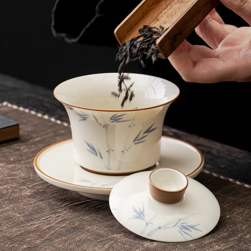 Hand-painted Ash Kung Fu Tea Set Ceramic Teapot Three-Talent Lid Bowl Tea Cup Home Office Tea Set High-end Gift Box