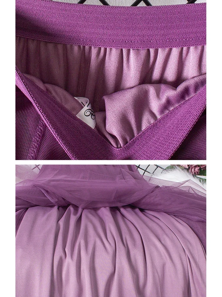 Nowa długa tiulowa spódnica z dużym obszyciem dla kobiet Koreańska, prosta, solidna, 3-warstwowa spódnica maxi z wysokim stanem dla kobiet Lady Purple