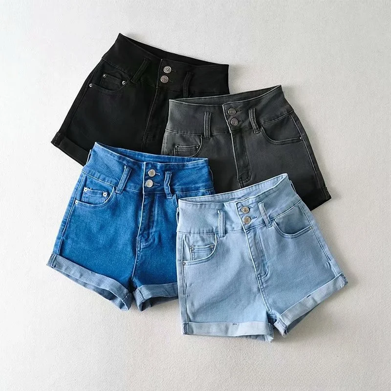 Slim Fit High Waist Denim Shorts Women's Butt Lifting Beach Hot Pants Cuffed Short Length Deep Color Young Women's Jeans