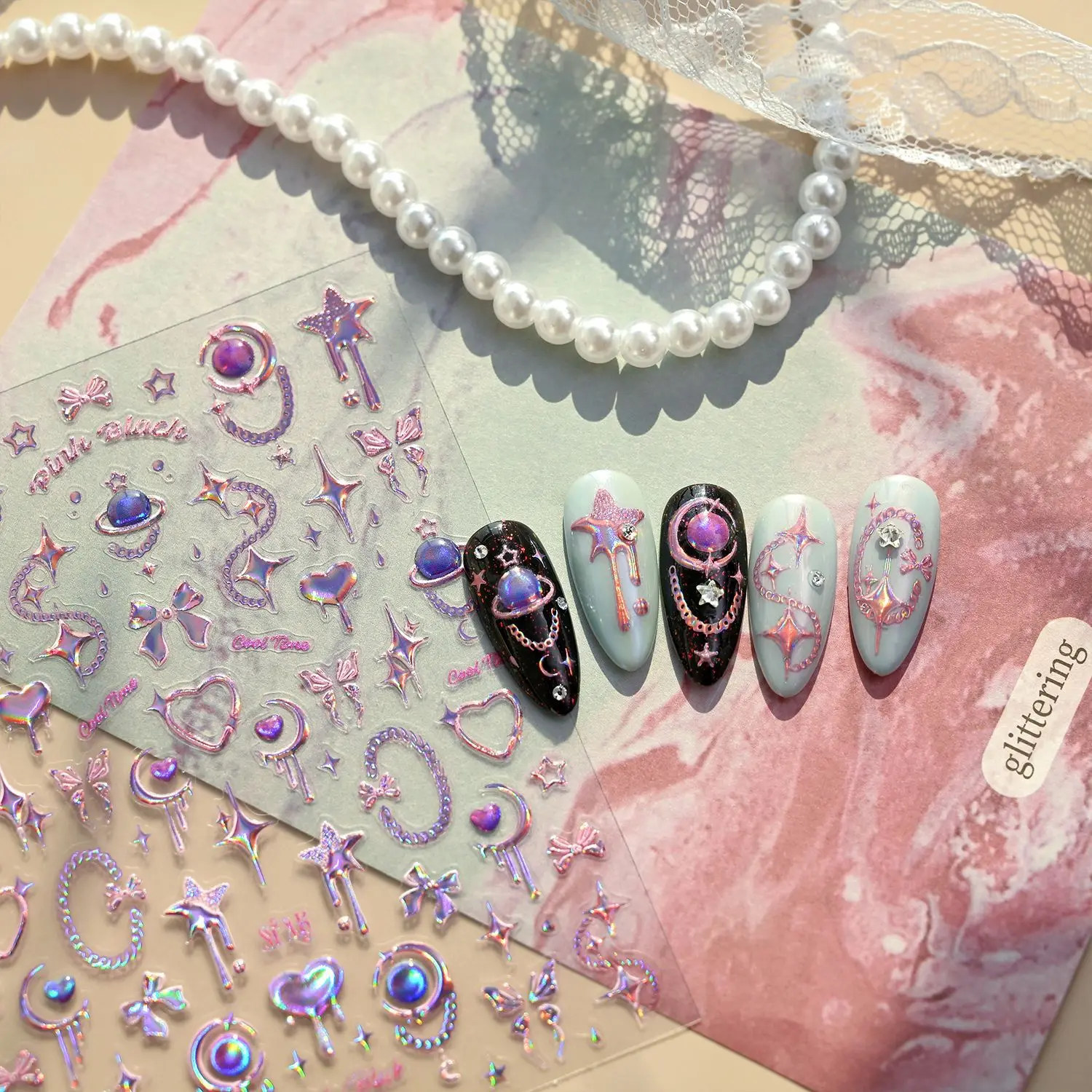 Y2K Trendy 5D Nail Art Stickers Holographic Star Moon Heart Planet Chain Embossed Self Adhesive Nail Decals Decor