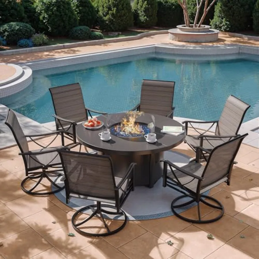 

Outdoor conversation set for deck, garden, backyard, porch: 7 pcs brown Textilene fabric chairs with 8in propane round fire pit