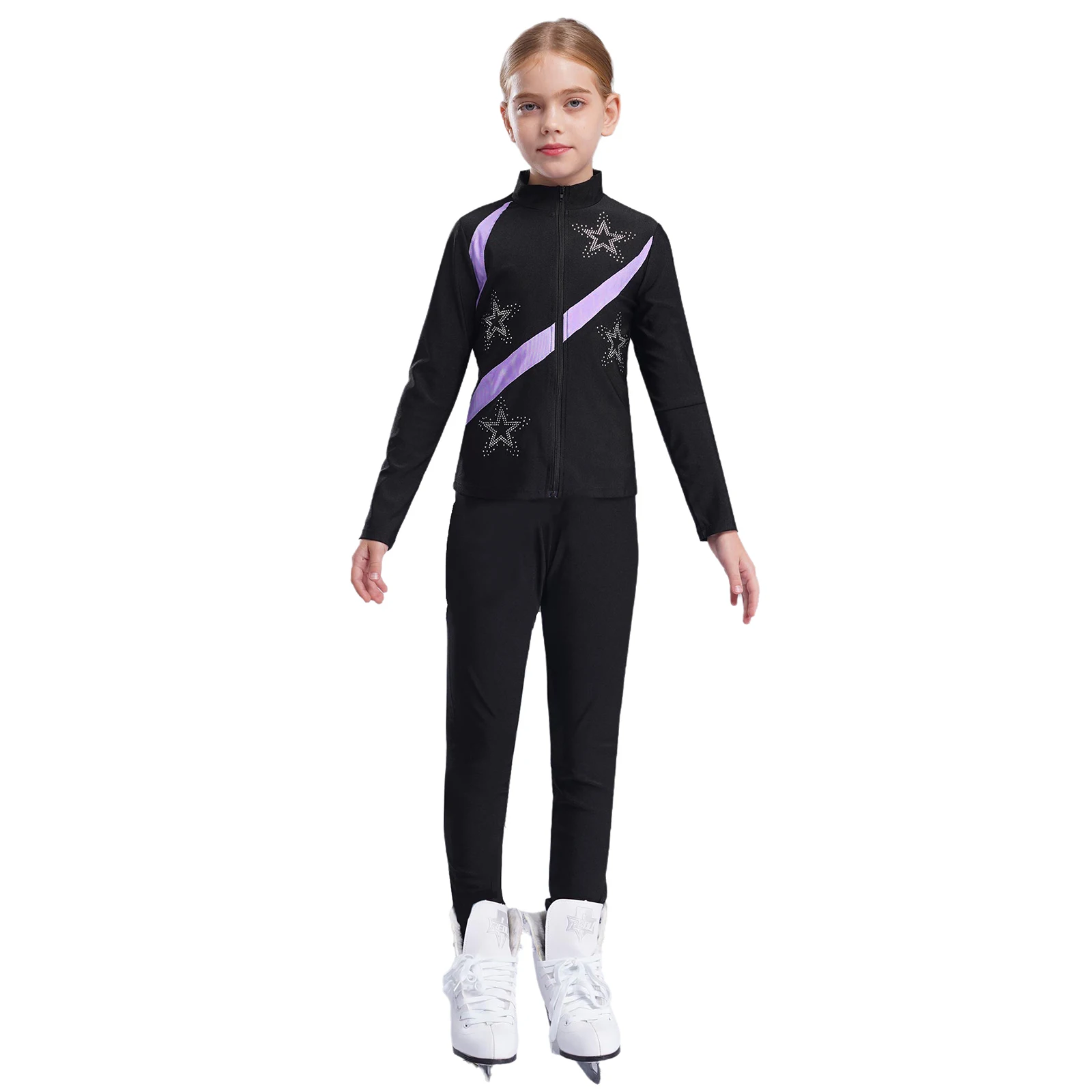 Kids Girls Sportswear Long Sleeve Shiny Rhinestone Star Contrast Color Sweatshirt+Leggings for Gymnastics Workout Figure Skating