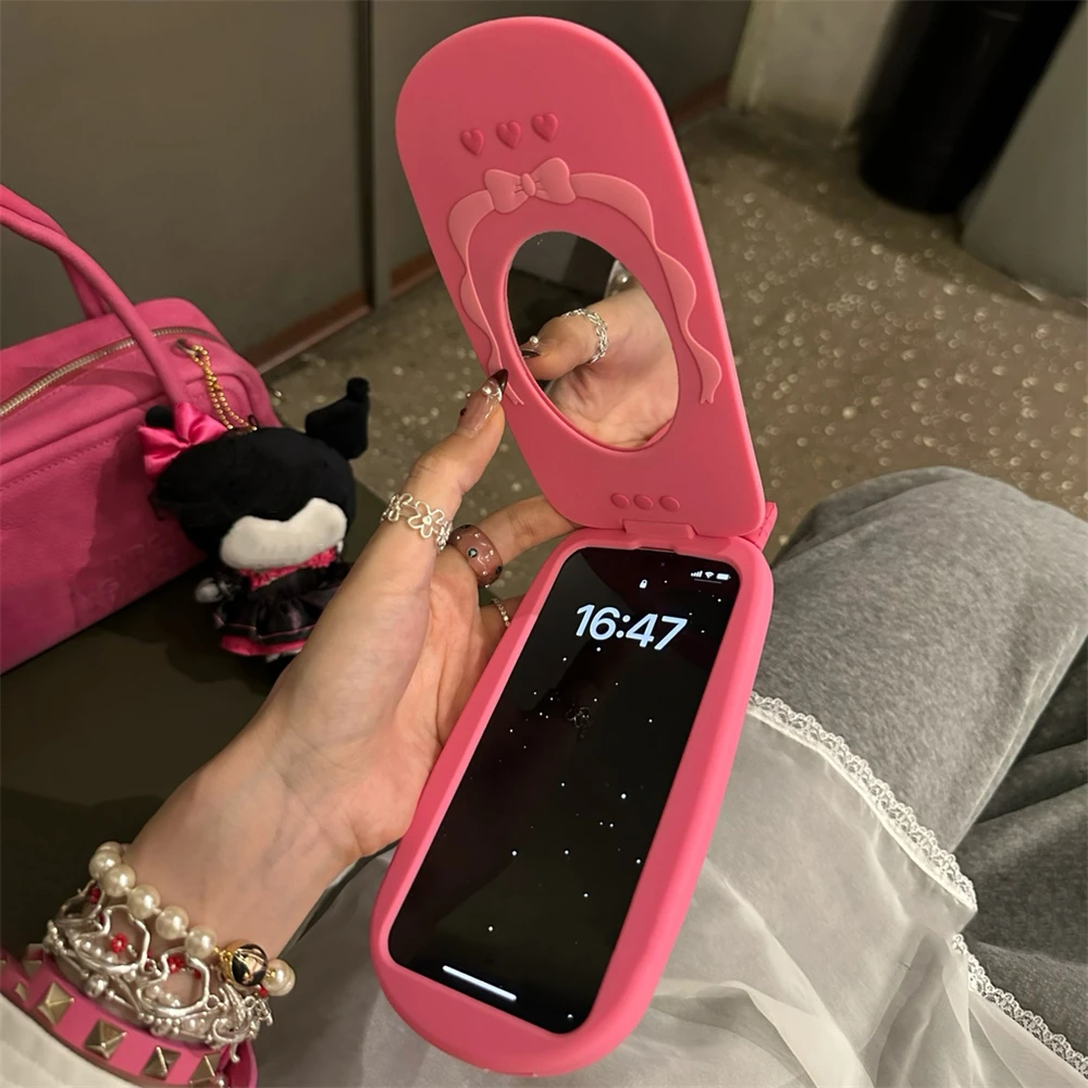 Korean Cute 3D Pink Cellphone Model Flip Mirror Silicone Phone Case For iPhone 15 14 13 12 Pro Max 11 Bumper Soft Cover Gift