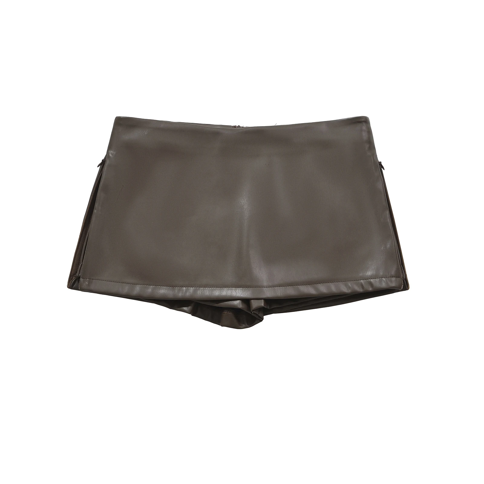 Elegant Faux Leather Mini Skirt in Black Korean Fashion PU Low Rise Zip up Split with Shorts for Women Stylish Brown Option Y2K