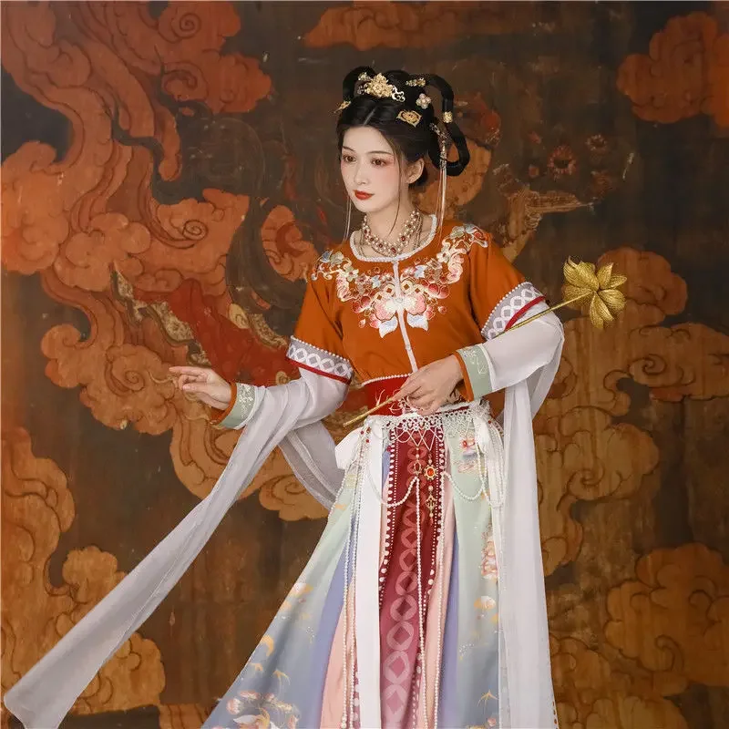 Costume de Cosplay Hanfu pour Femme, Demi-Bras, Taille, Trempé Tang, brevdes Prairies, Élégant, Broderie de Princesse, Ensemble de 4 Pièces