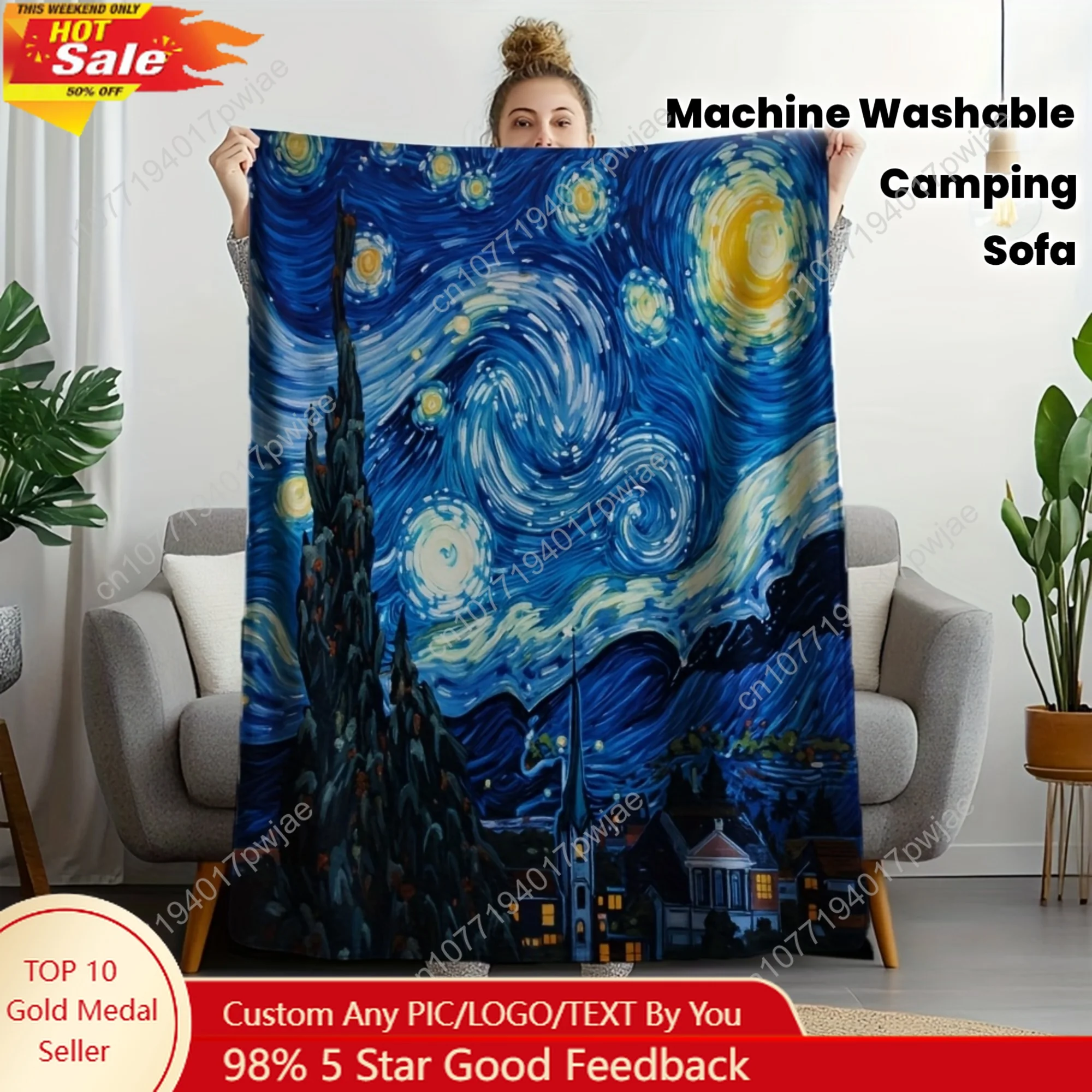 

Van Gogh Starry Night Blanket - Soft Lightweight Flannel All-Season Throw for Couch, Bed Travel Camping - Machine Washable Va