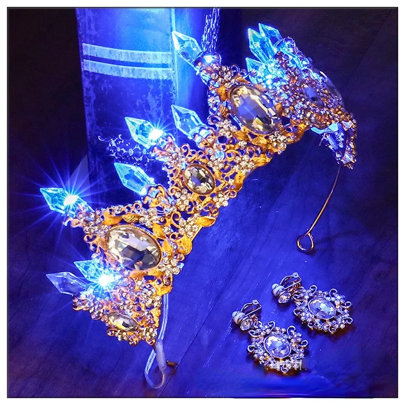 Glow Bride Crown Tiara LED Light Luminous Girl Princess Rhinestone Hair Accessories Birthday Party Wedding Christmas Decoration