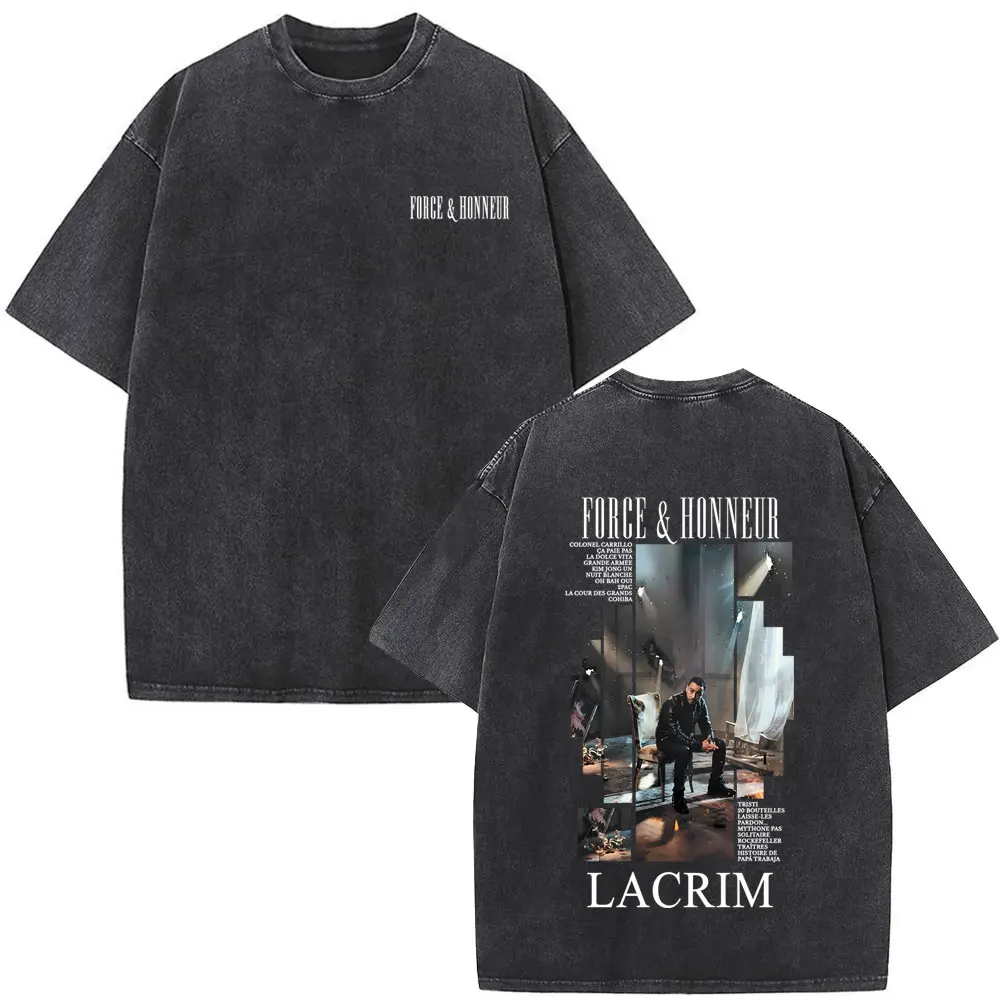 

Washed Vintage French Rapper Lacrim Force & Honneur T-shirt Men Women Hip Hop Oversized Streetwear Men's Fashion Casual T Shirts