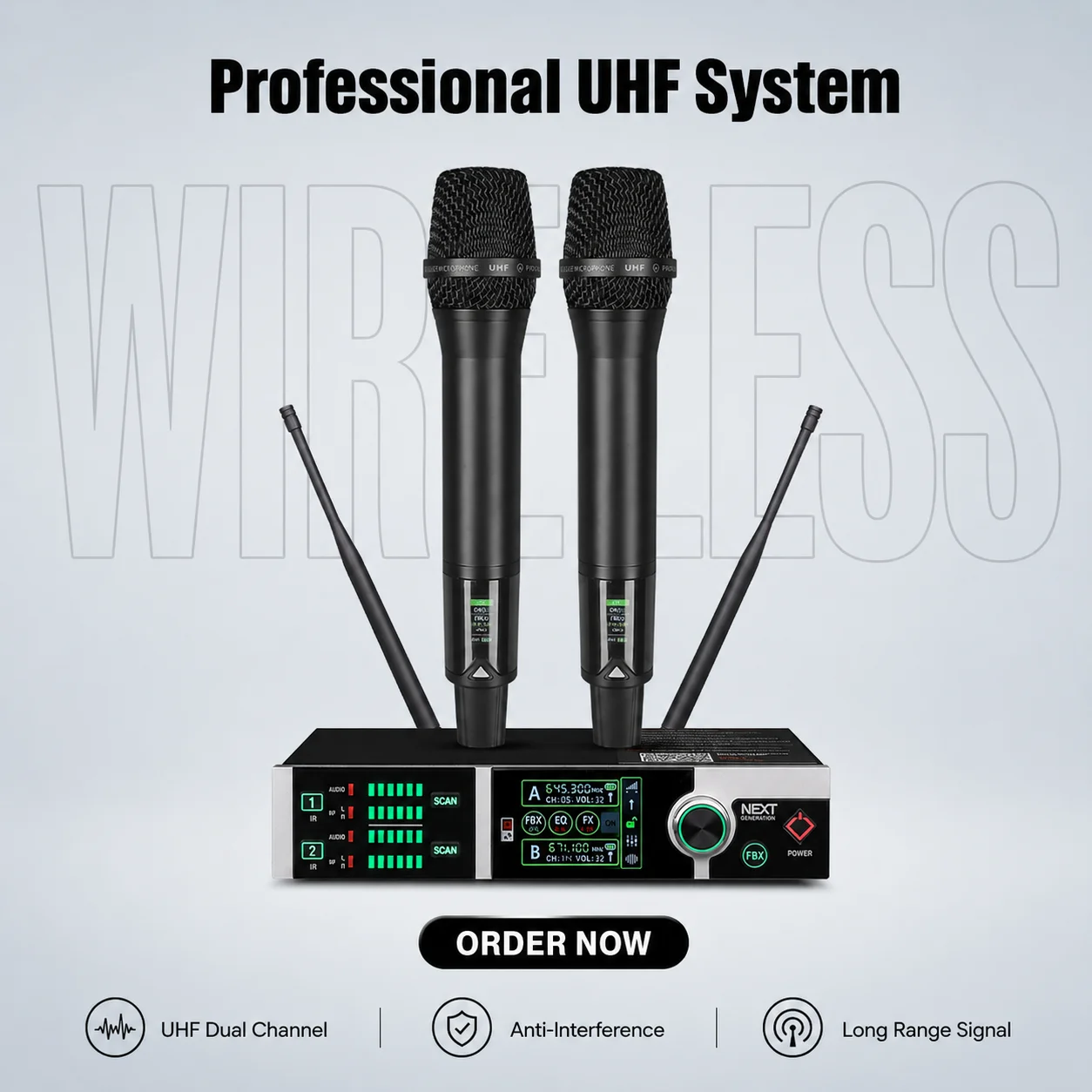 UHF Dual Wireless Mic System, True Diversity Anti-Howling, Reverb & EQ, Professional Handheld for Home KTV & Stage Performance