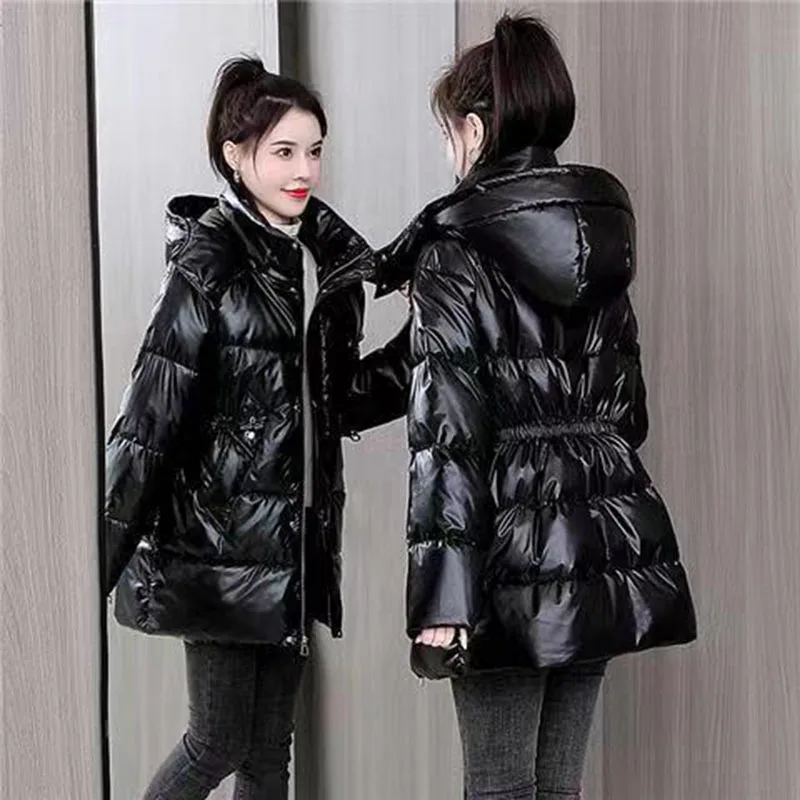

Parkas Women Jacket Korean 2025 New Autumn Winter Loose Hooded Thicken Warm Mid Long Glossy Down Cotton Padded Coat Female Tops