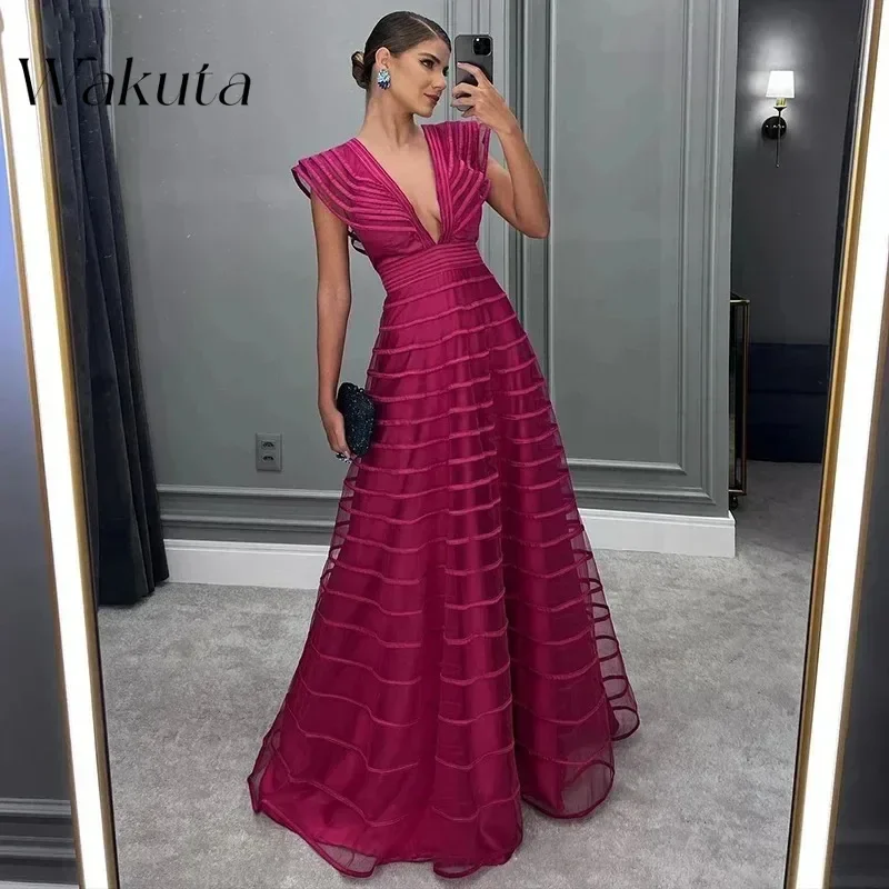 Wakuta Sexy A Line Evening Dresses Cap Sleeves Deep V Neck Prom Gowns Floor Length Women Party Special Occasion Vestidos De Gala