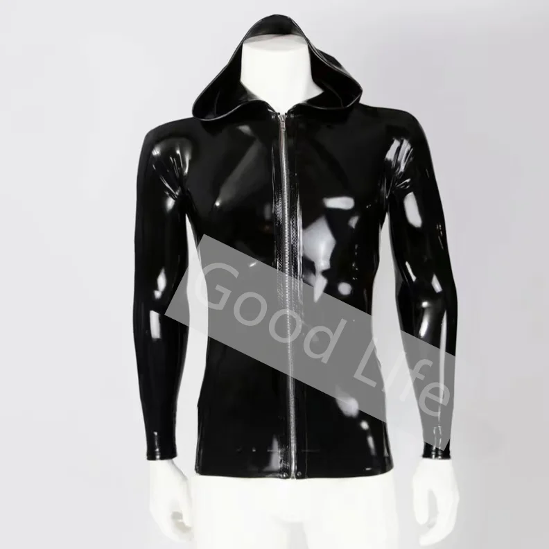 

Handmade Latex Sexy Men's Latex Hoodie Top Fetish Latex T-shirt Male Jacket With Front Zip Pure 0.4mm