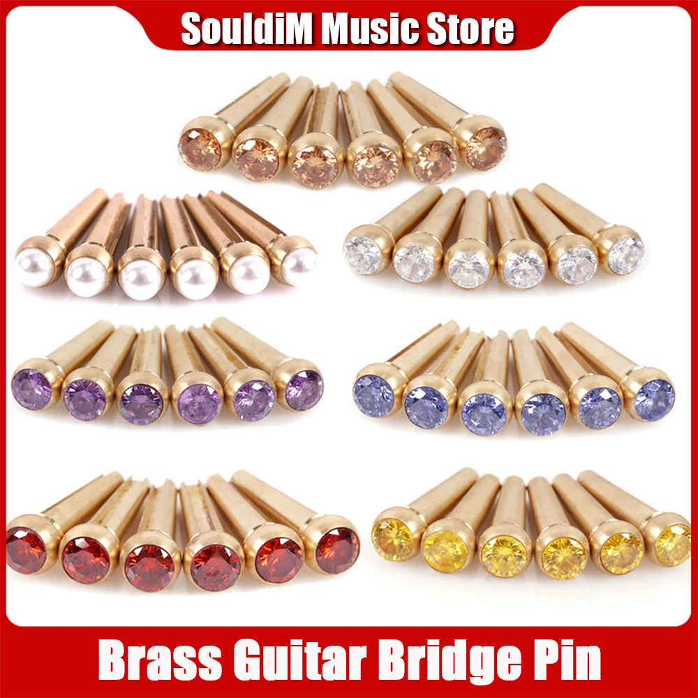 6 String Brass Acoustic Guitar Bridge Pins String Nail Chord Cone Pure Copper Crystal decoration Set of 6 pcs