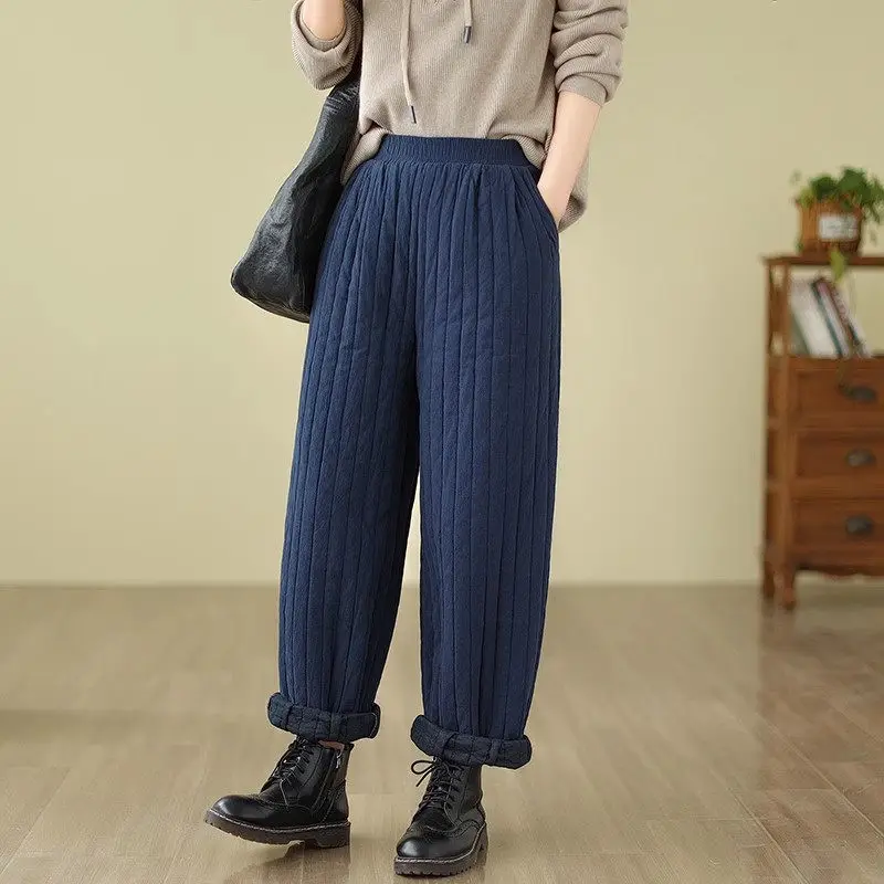 Retro Stripe Versatile Quilted Casual Pants Cotton Linen Thickened Warm Women\'s Literature Large Size Solid Color Trosures Z3570