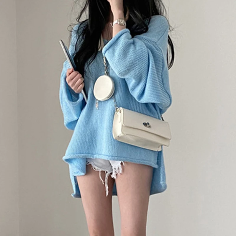 Korean Autumn New Retro Loose Sweater Sweet V-neck Rolled Edge Fashion Pullover Sweater Casual Blue Knitted Top for Women image 5