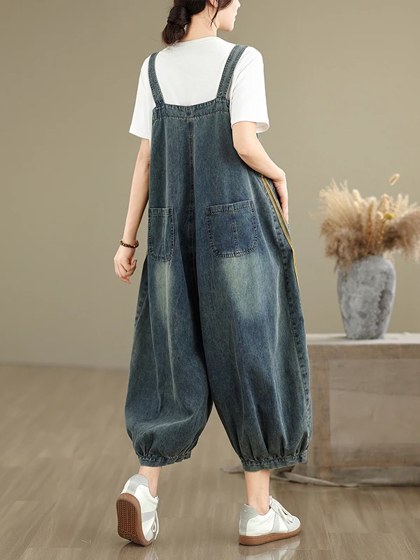 بنطلون جينز نسائي صيفي جديد بتصميم عصري بألوان متباينة ومخطط، فضفاض بمقاسات كبيرة، بخصر مرتفع وأطراف مطوية، بطول تسعة أرباع