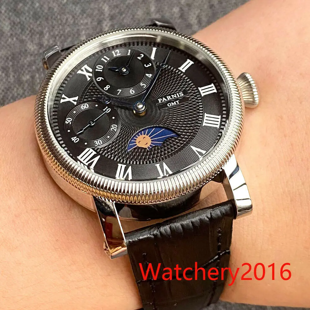 

Parnis New Multifunction Manual Mechanical Watch Black Dial Month Year Function Steel Mens Watch Leather Strap