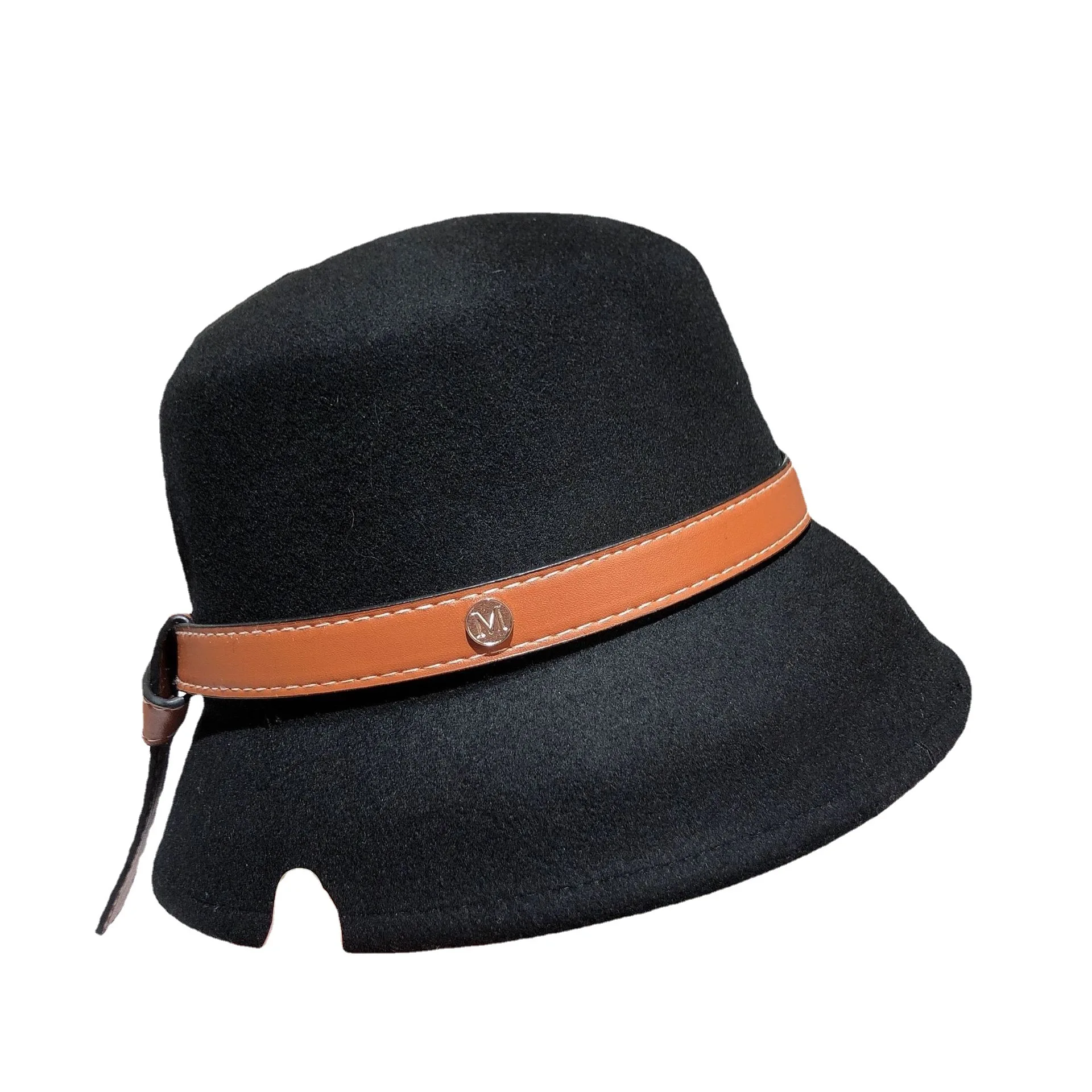 Hepburn Style 100% thick wool lampshade hat Delicate fashion knotted belt asymmetrical tweed top hat