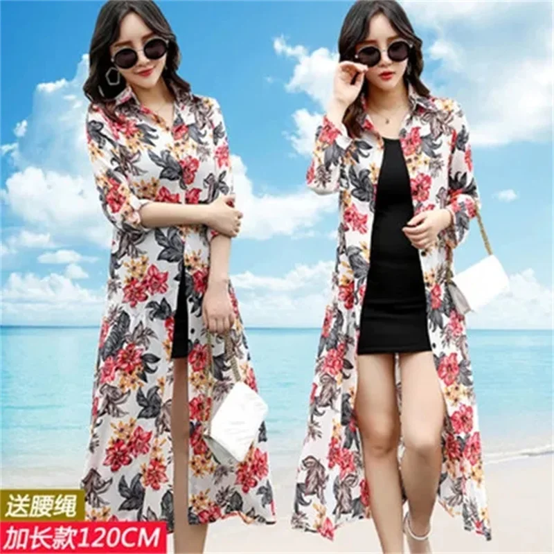 2023 Summer Cardigan Thin Sunscreen Clothing Add-Long Shawl With Beach Coat Woman Print Shirt Female Lace-Up Windbreaker White