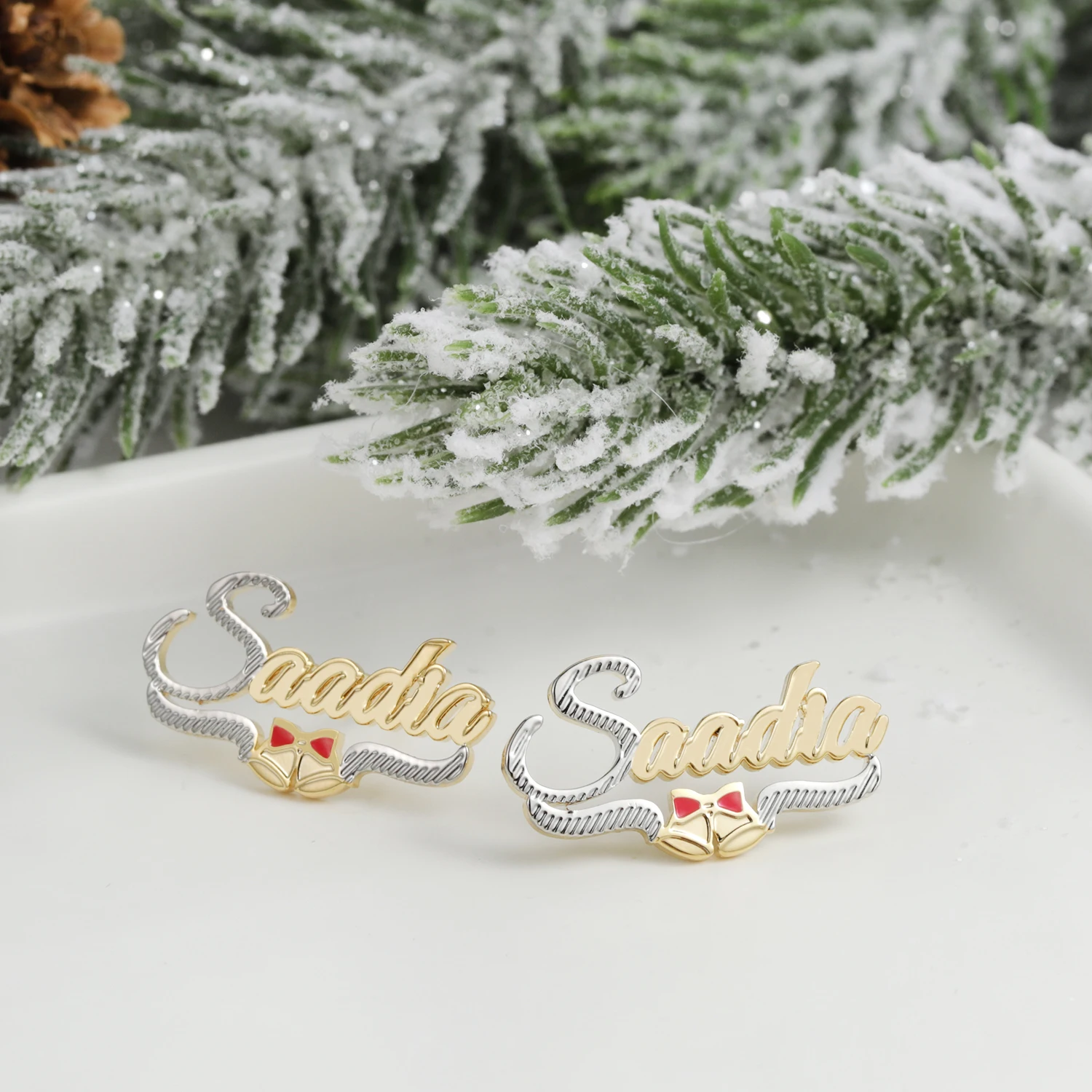 

Dascusto Personalized Name Earrings Christmas Bell Design Two-Tone Gold/Silver Plated Custom Name Jewelry for Women Gift