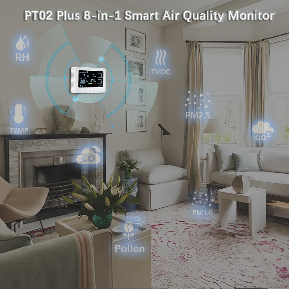 PT02-Plus WiFi Smart Air Quality Monitor NDIR Sensor CO CO2 TVOC Pollen PM2.5 Detector APP Control Indoor Pollution Tester