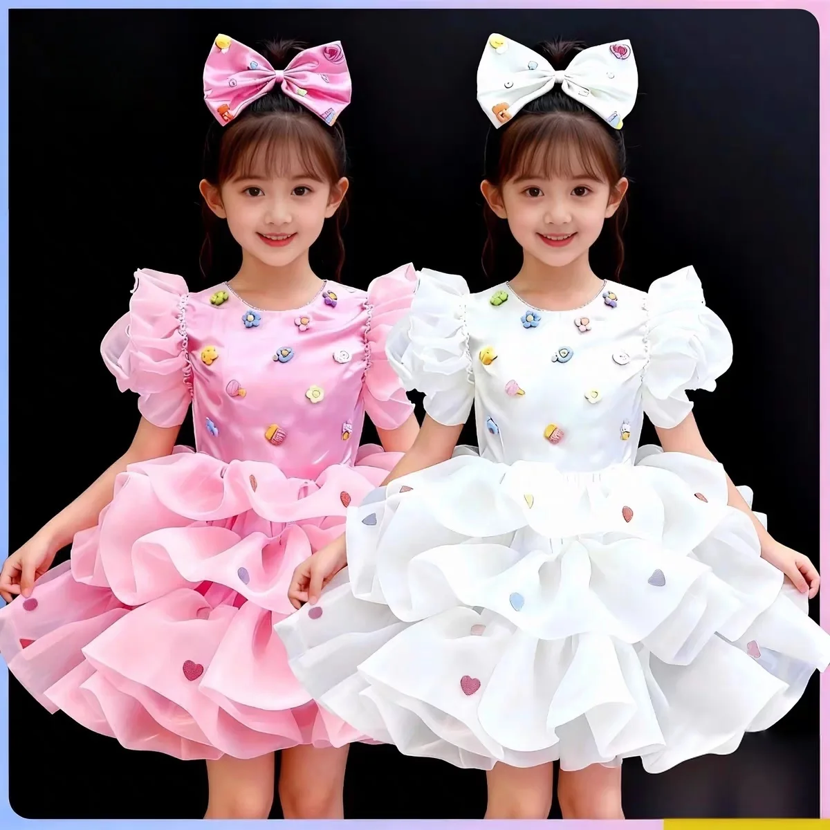 

Pink White Modern Dance Dress Girls Lyrical Contemporary Freestyle Flower Tutu Dance Costume Girls Children Kids