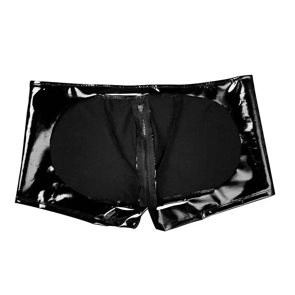 

Open Butt Club Panites Man Faxu Leather Hollow Out Trunks Sexy Zip Pouch Underpants Eortic Lingerie Gay Men PVC Shorts
