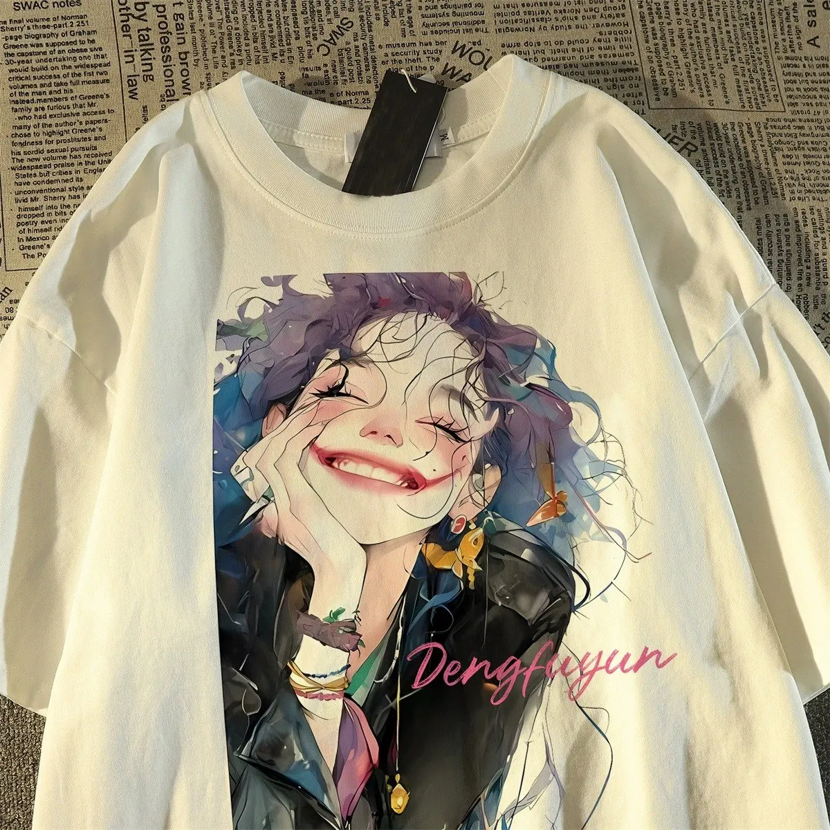 Happy Smiley Face Joker print T-shirt Women Men Comfort Casual Loose Size Short Sleeve Harajuku Pure Cotton T-shirt Summer Tops