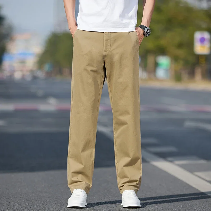 

2024, весенне-осенние мужские хлопковые свободные брюки премиум-класса со средней посадкой, прямые, без морщин, деловые повседневные офисные удобные брюки цвета хаки