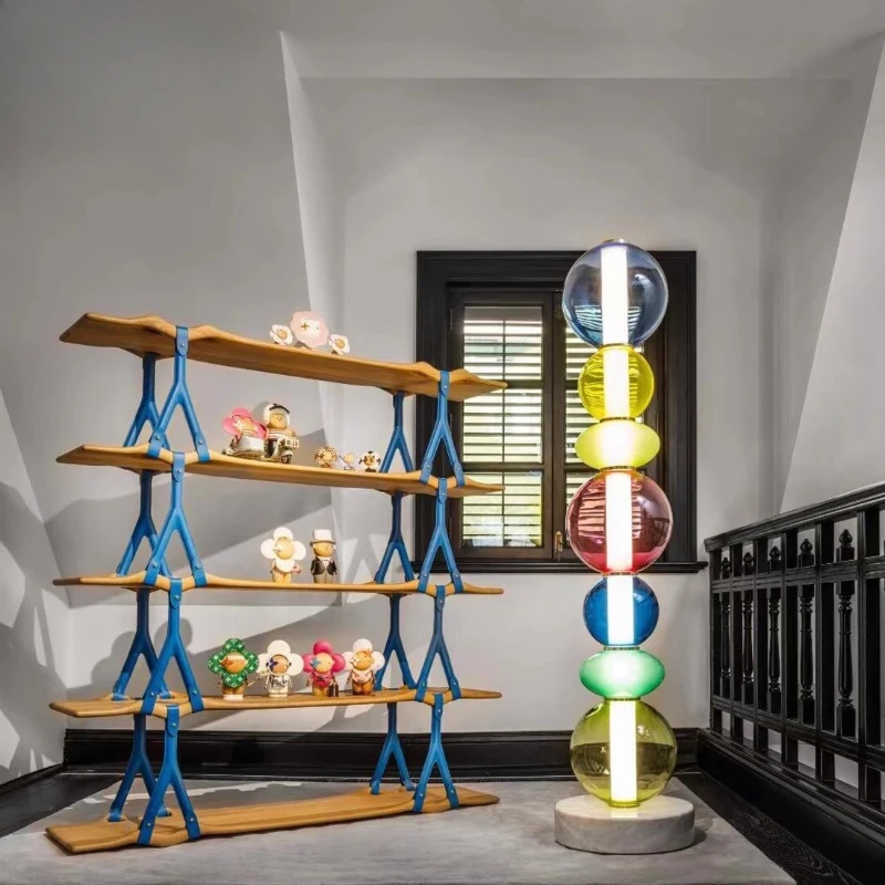 

Italian light luxury high-end designer hanging shelf living room study solid wood vertical multi-layer saddle leather bookshelf